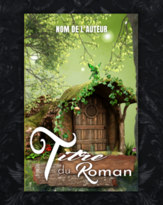 couverture premade bois et petite fee verte sur une maison en bois style fantasy fae