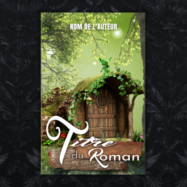 couverture premade bois et petite fee verte sur une maison en bois style fantasy fae