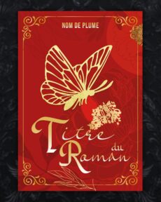 cover couverture premade prefabriquee couverture objet papillon style asiatique en background rouge et or