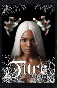 couverture premade cover a personnaliser avec femme peau noire cheveux blanc fond noir et epines blanches avec mains de sorciere derriere la tete de la jeune fille